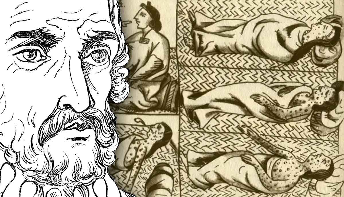 Man with sketch of historical Aztec smallpox outbreak.