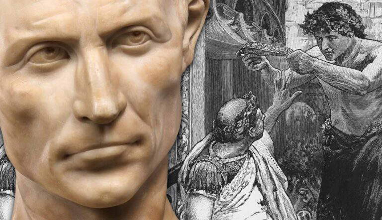Bust of Julius Caesar beside a historical Roman illustration.
