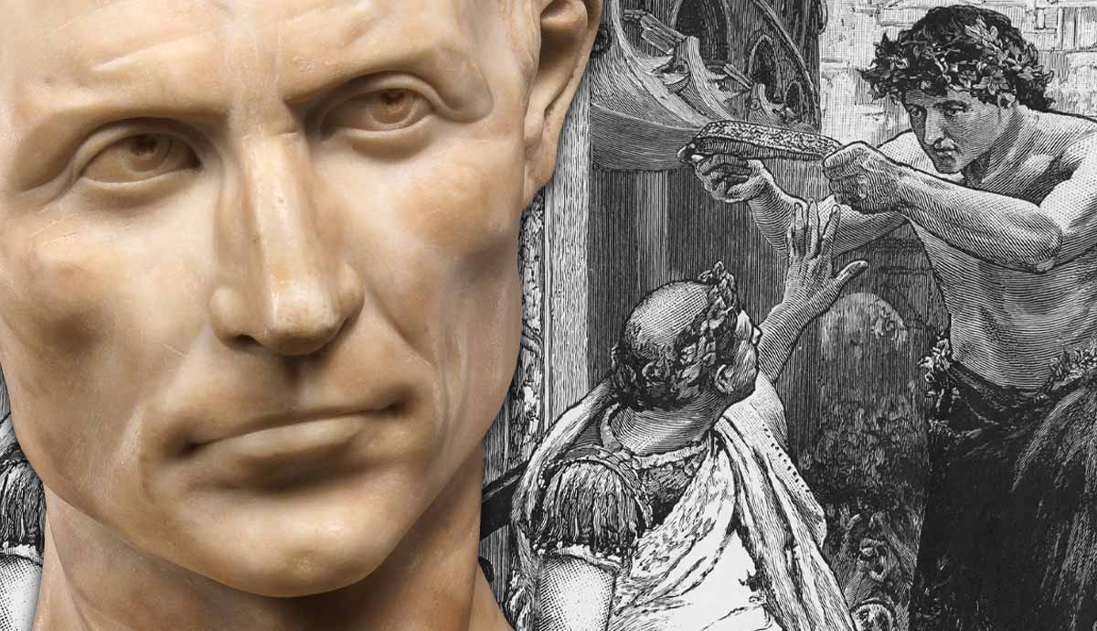 Bust of Julius Caesar beside a historical Roman illustration.