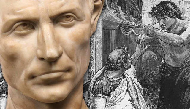 Bust of Julius Caesar beside a historical Roman illustration.