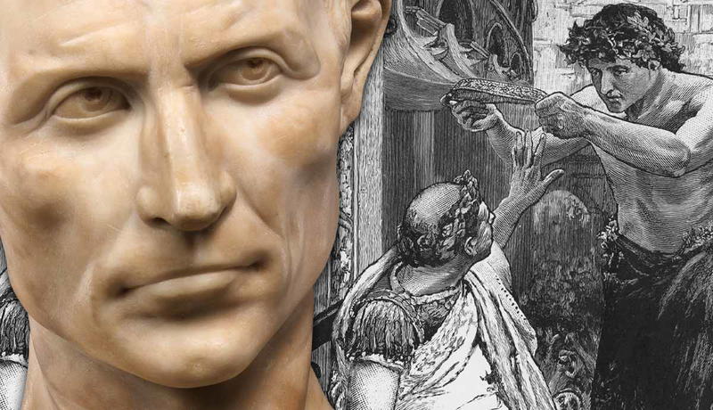 Bust of Julius Caesar beside a historical Roman illustration.
