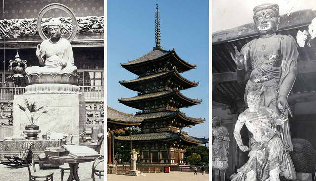 Three panels showing Japanese Buddhist temple architecture and statues.