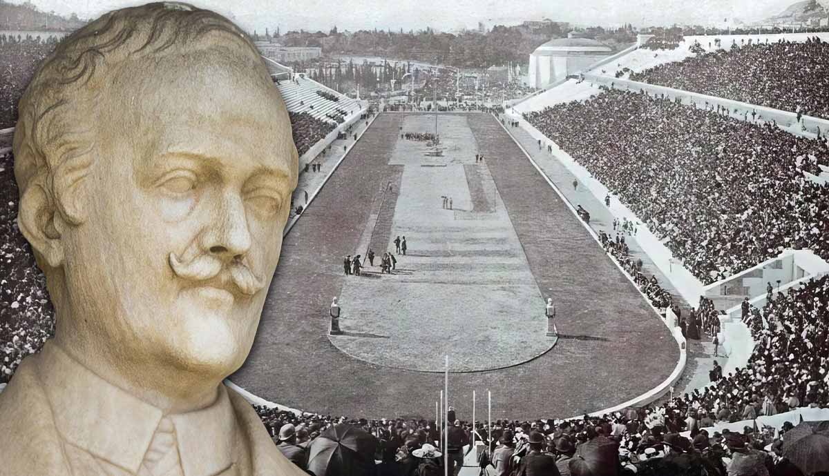 Statue of Evangelos Zappas superimposed over the 1896 Olympic stadium.