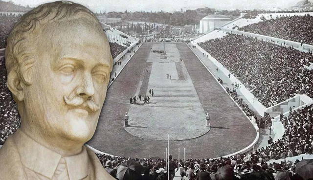 Statue of Evangelos Zappas superimposed over the 1896 Olympic stadium.