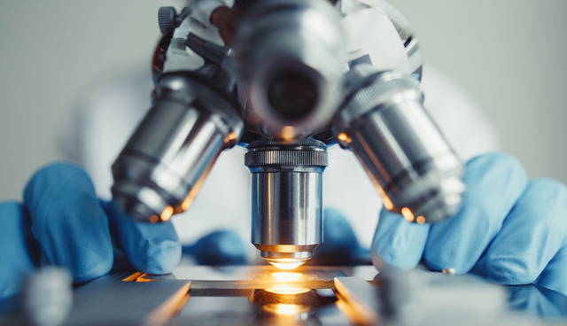 Close-up of a microscope with laboratory gloved hands.