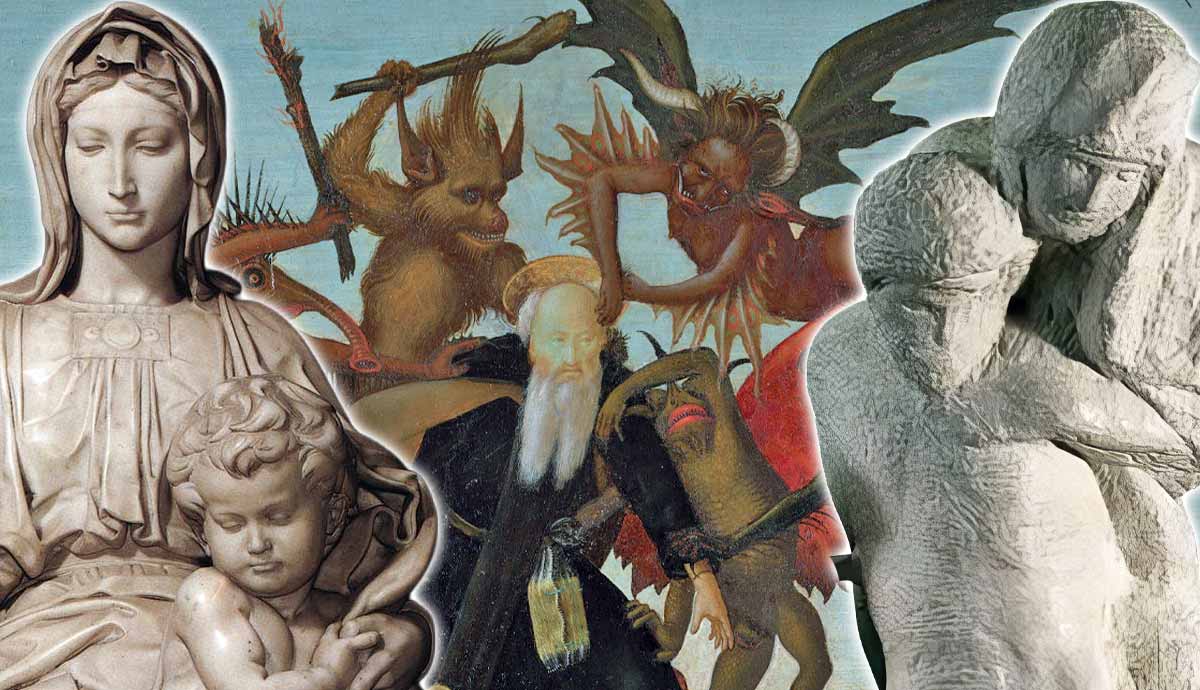 Michelangelo sculptures layered over a demonic painting.