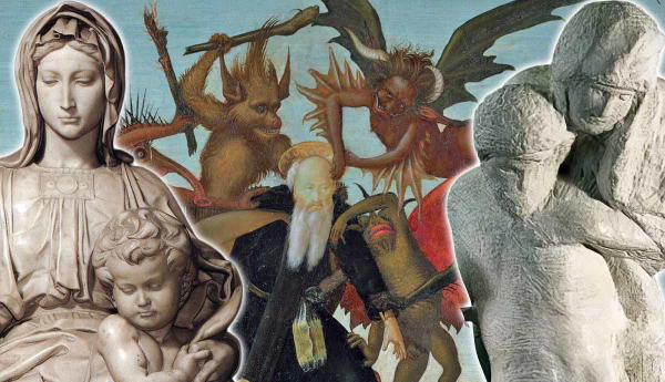 Michelangelo sculptures layered over a demonic painting.