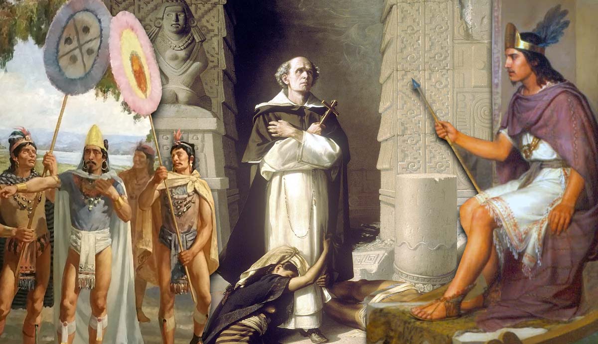 A painting of a friar standing before an indigenous ruler