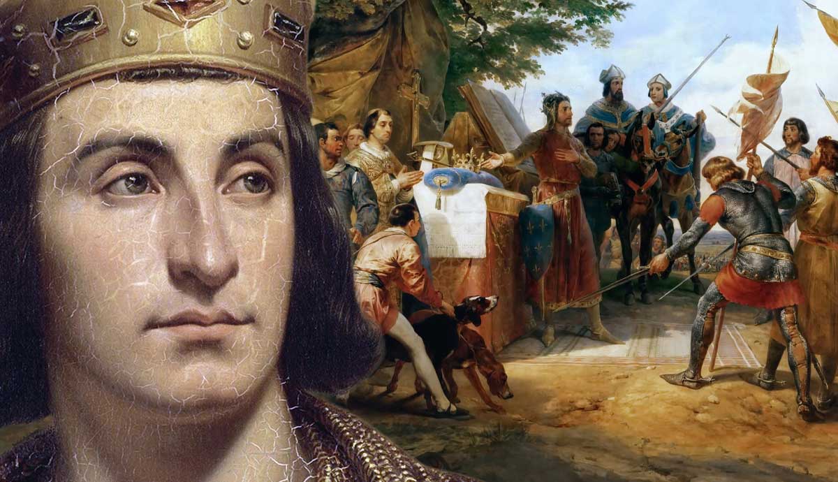 A medieval king overlaying a historical battlefield painting.