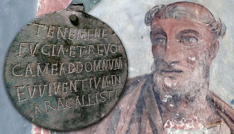 A Roman slave collar tag next to a fresco portrait.
