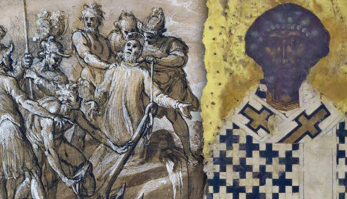 Historical sketch of a martyrdom beside an Orthodox icon.
