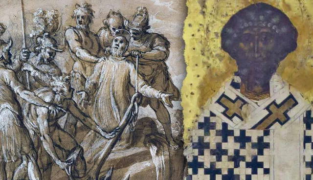Historical sketch of a martyrdom beside an Orthodox icon.