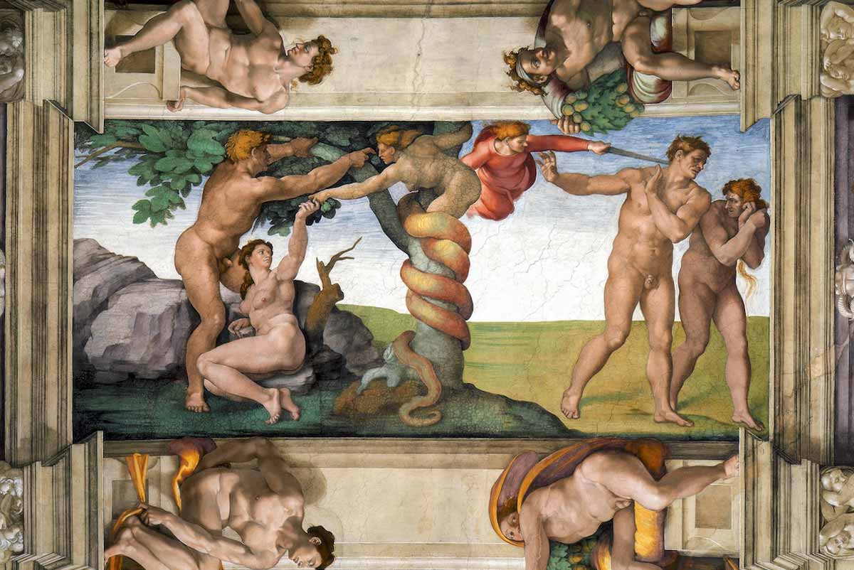 the temptation adam eve serpent michelangelo