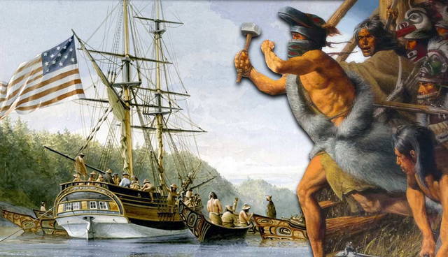 Historical artwork of an American ship and Indigenous warriors.