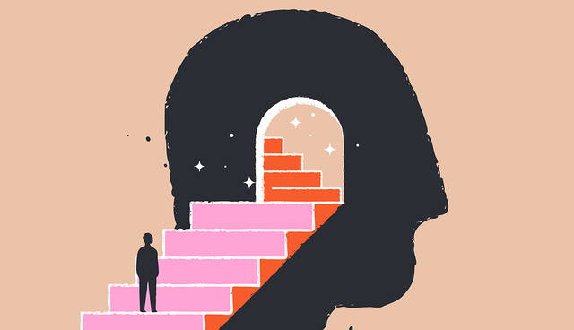 Illustration of a silhouette head containing stairs inside.