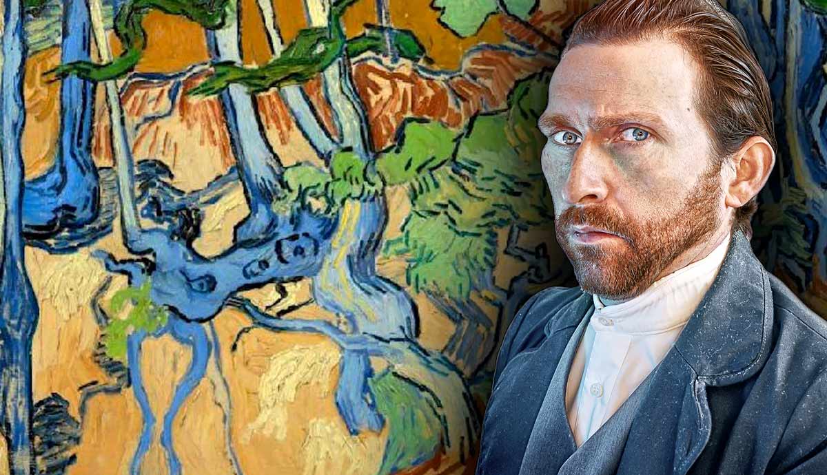 Actor portraying Vincent van Gogh next to a painting.