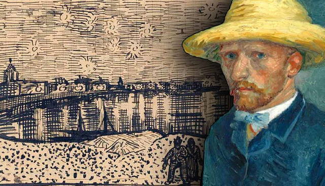 Vincent Van Gogh next to a starry night sketch