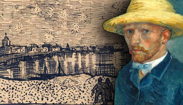 Vincent Van Gogh next to a starry night sketch