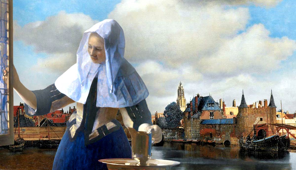 Woman at a window overlooking a historical harbor