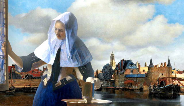 Woman at a window overlooking a historical harbor