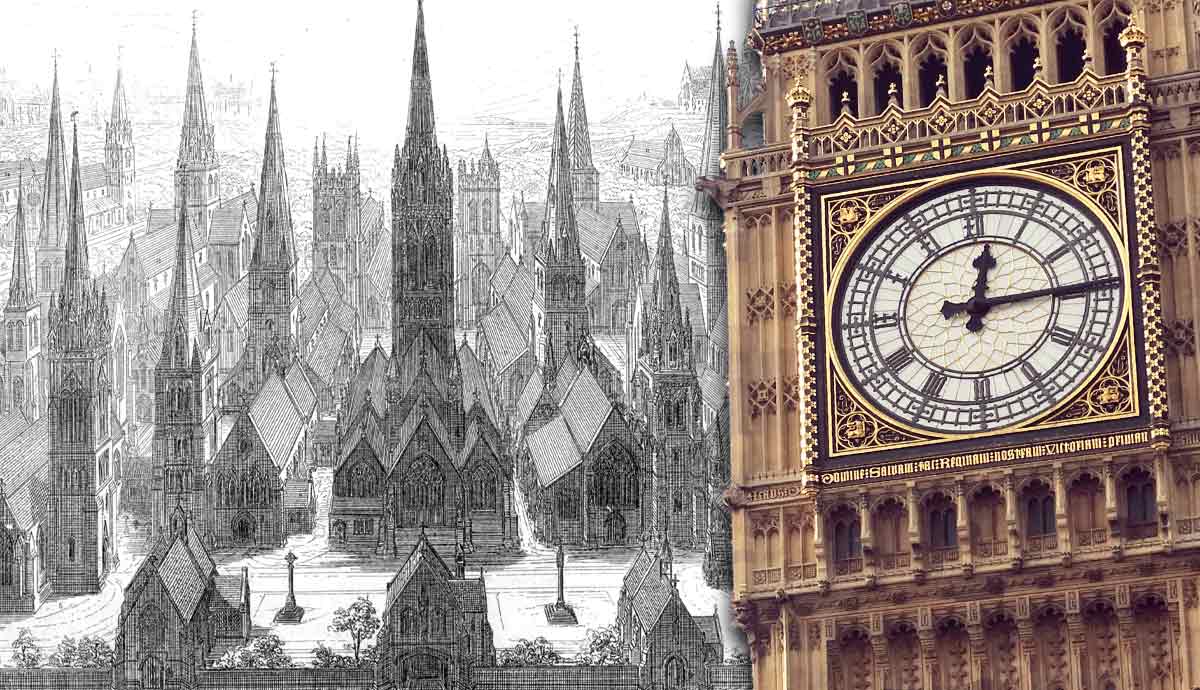 Illustration of gothic churches alongside Big Ben.