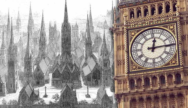 Illustration of gothic churches alongside Big Ben.