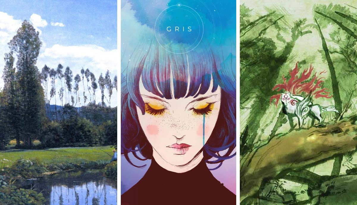 Three triptych art panels showing nature, a crying girl, and a wolf.