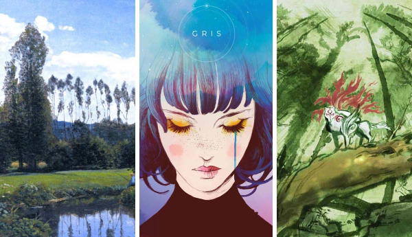 Three triptych art panels showing nature, a crying girl, and a wolf.