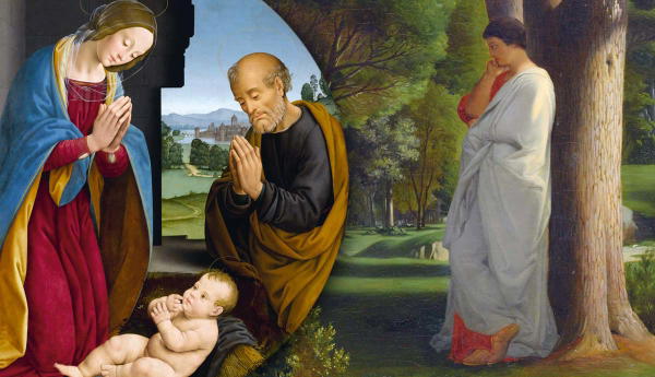 Mary, Joseph, and Jesus beside Virgil