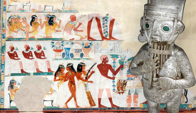 Egyptian tomb mural next to silver pan flute statue.