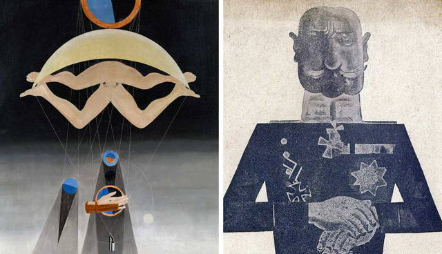 Two surrealist paintings displayed side by side.