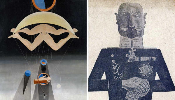 Two surrealist paintings displayed side by side.