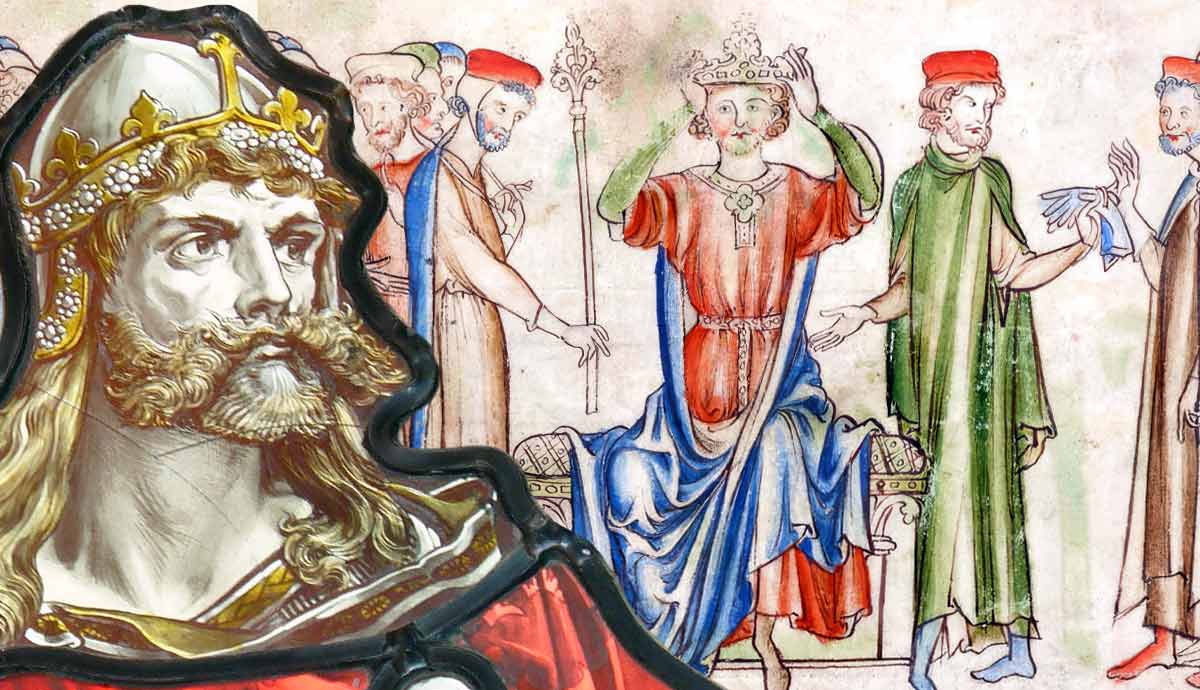 Medieval illustration of a king being crowned beside an inset portrait of a monarch.