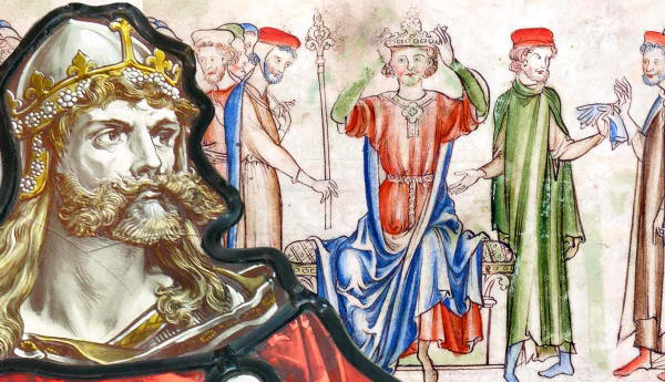 Medieval illustration of a king being crowned beside an inset portrait of a monarch.