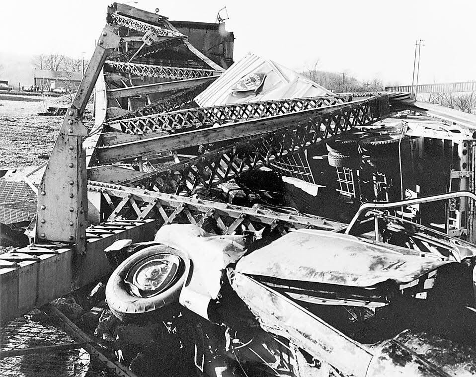 Silver Bridge Collapse, Point Pleasant, West Virginia, 1967. Source: West Virginia News